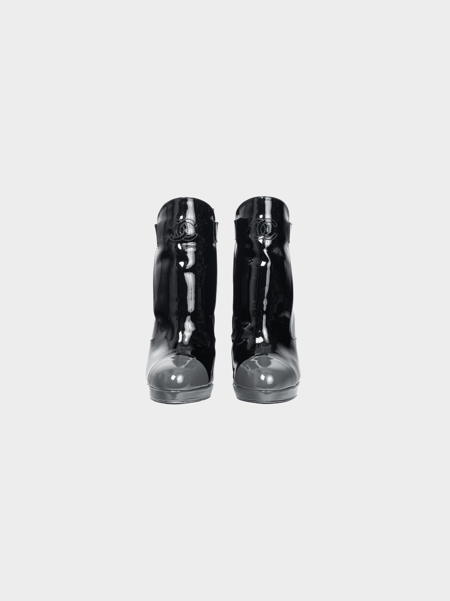 Chanel 2000s Black Patent Leather Cap-Toe Platform Booties