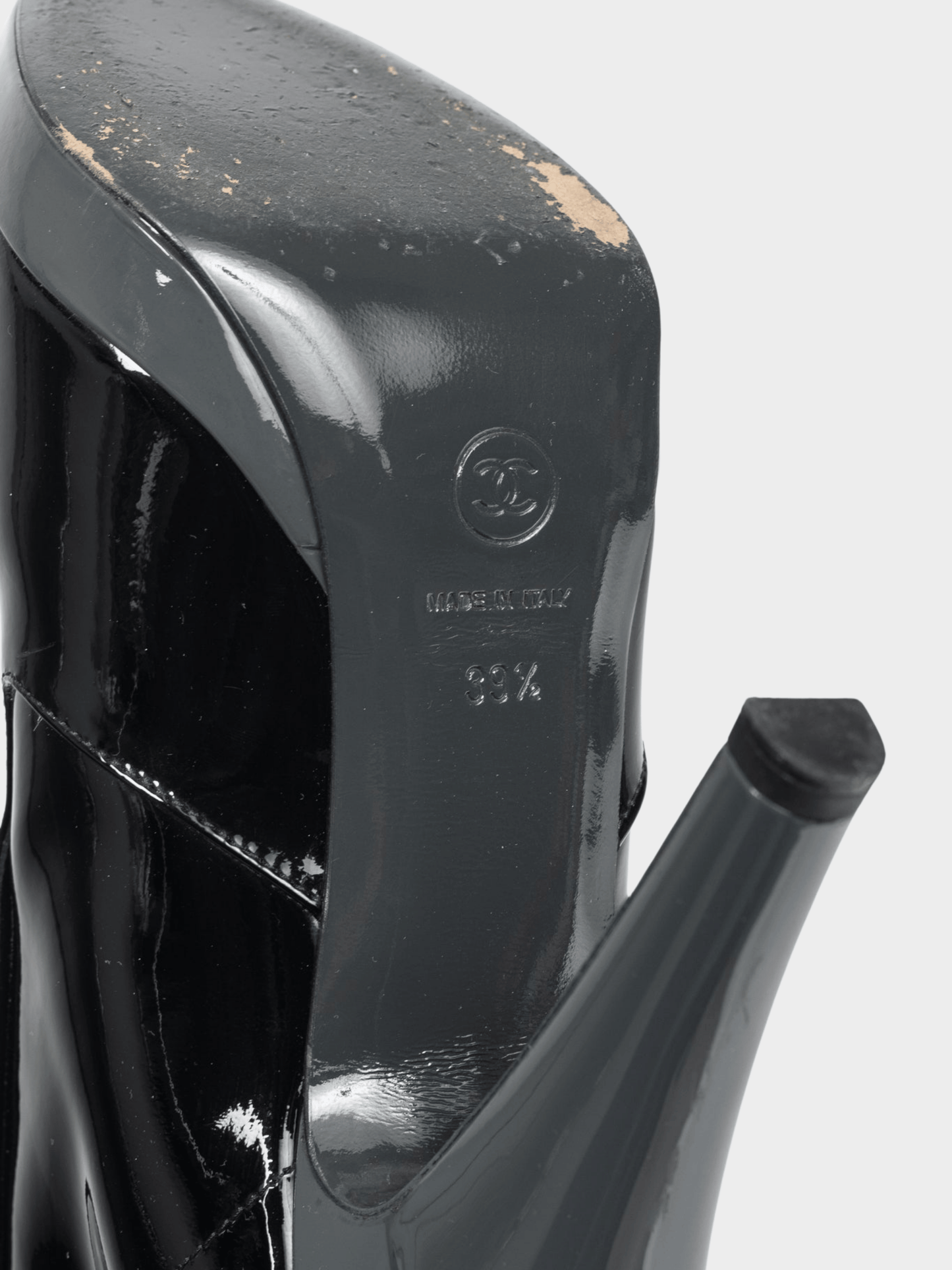 Chanel 2000s Black Patent Leather Cap-Toe Platform Booties