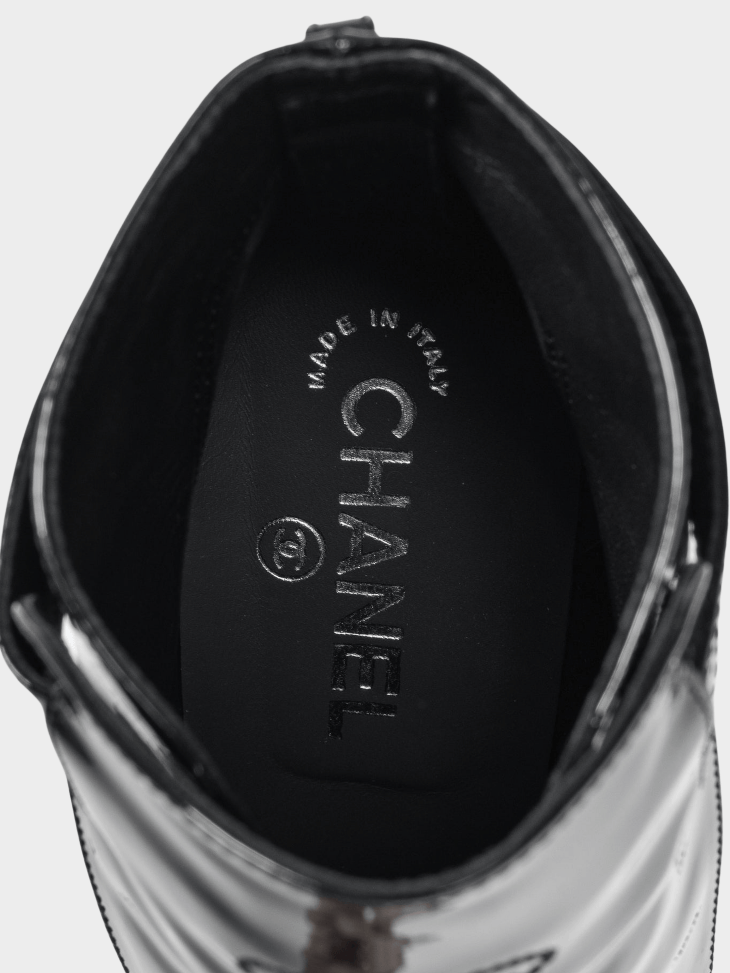 Chanel 2000s Black Patent Leather Cap-Toe Platform Booties