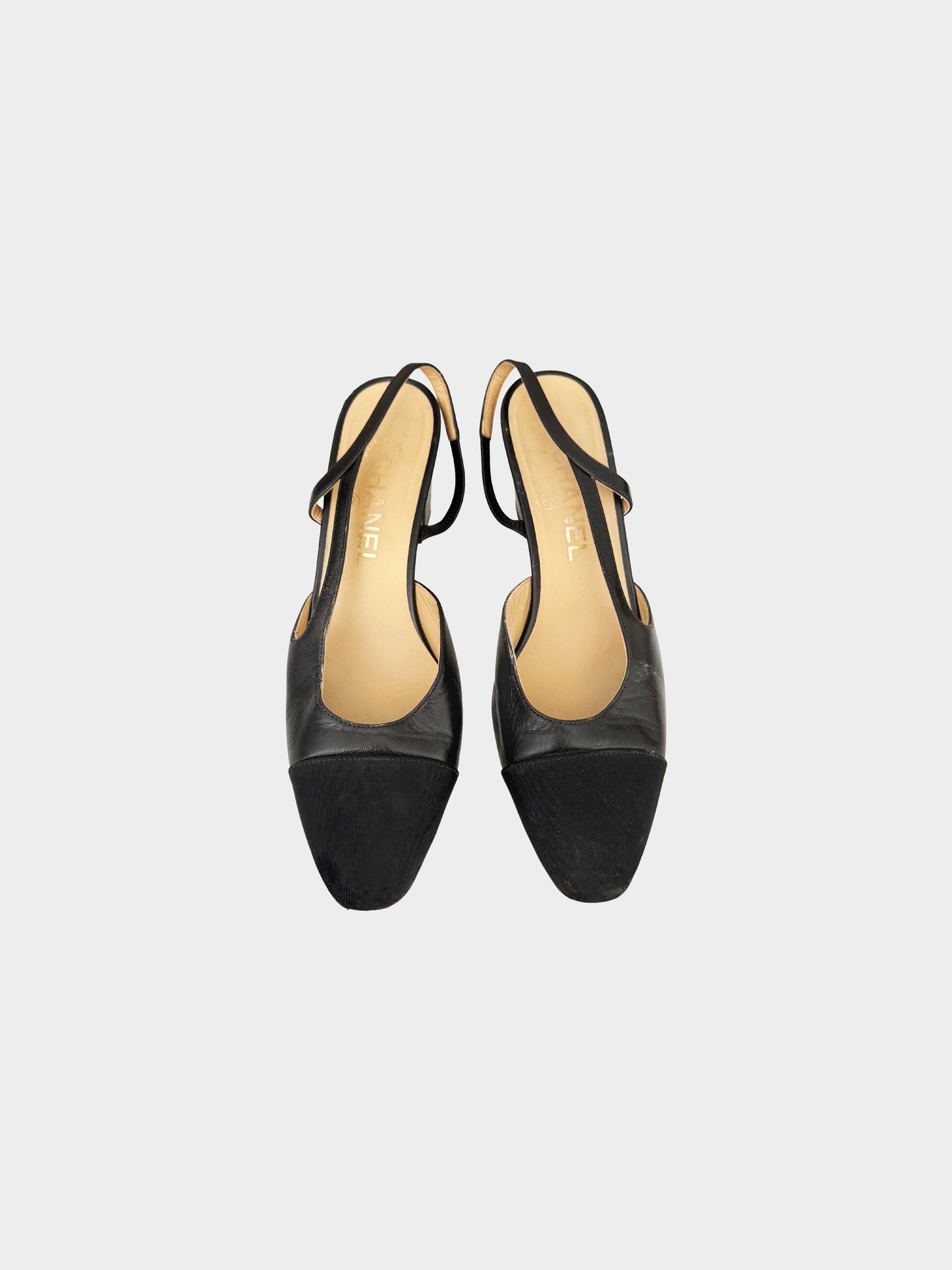 Chanel 2015 Black Leather and Grosgrain CC Slingback Pumps
