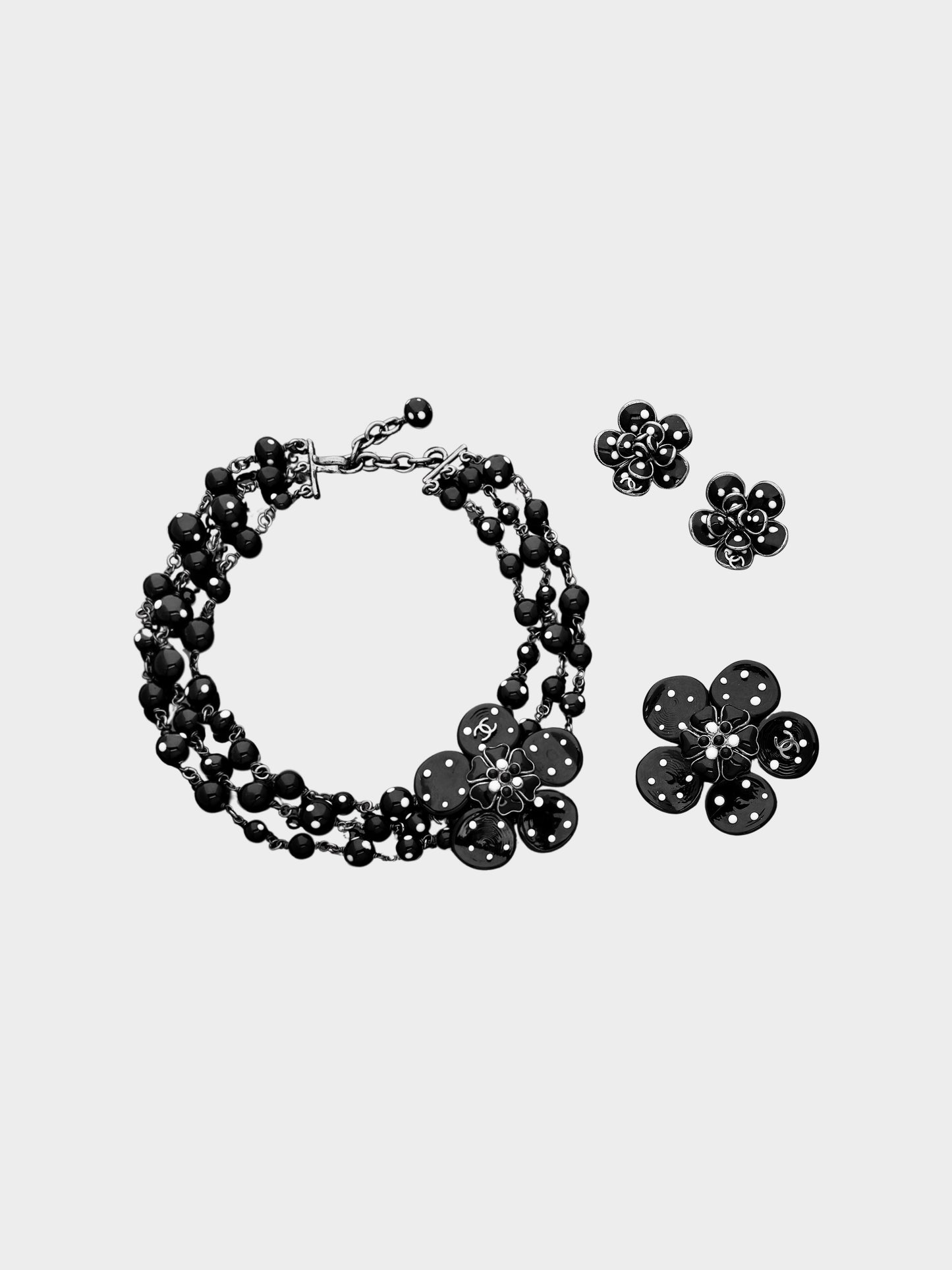 Chanel by Karl Lagerfeld 2008 Black and White Polka Dotted Camellia Necklace, Earrings and Brooch Set