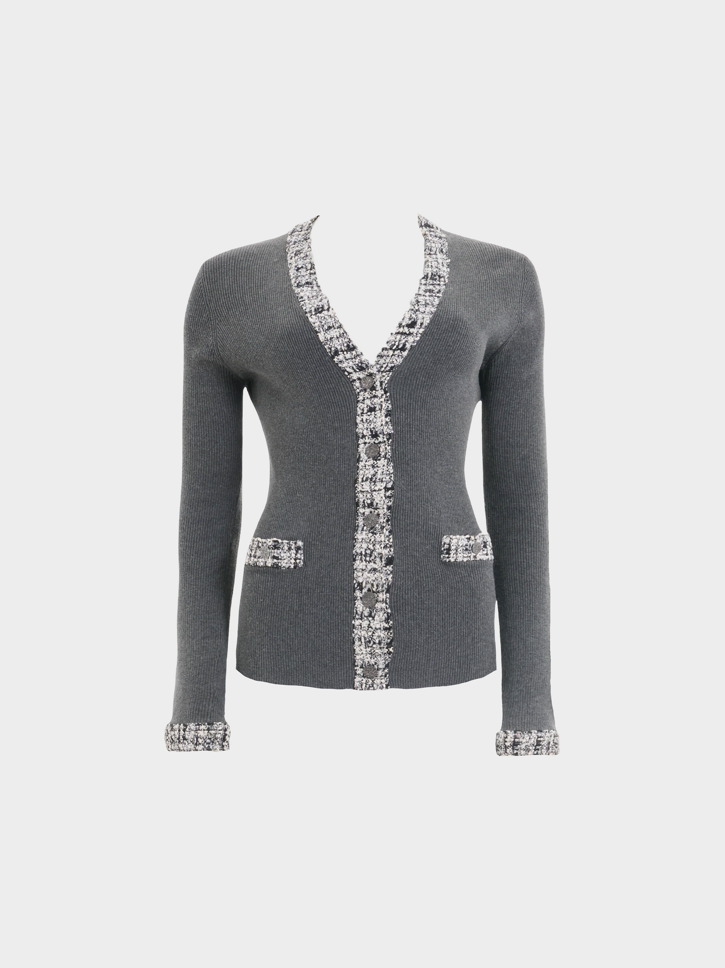 Chanel by Karl Lagerfeld SS 2004 Grey Knit Tweed Edge Cardigan