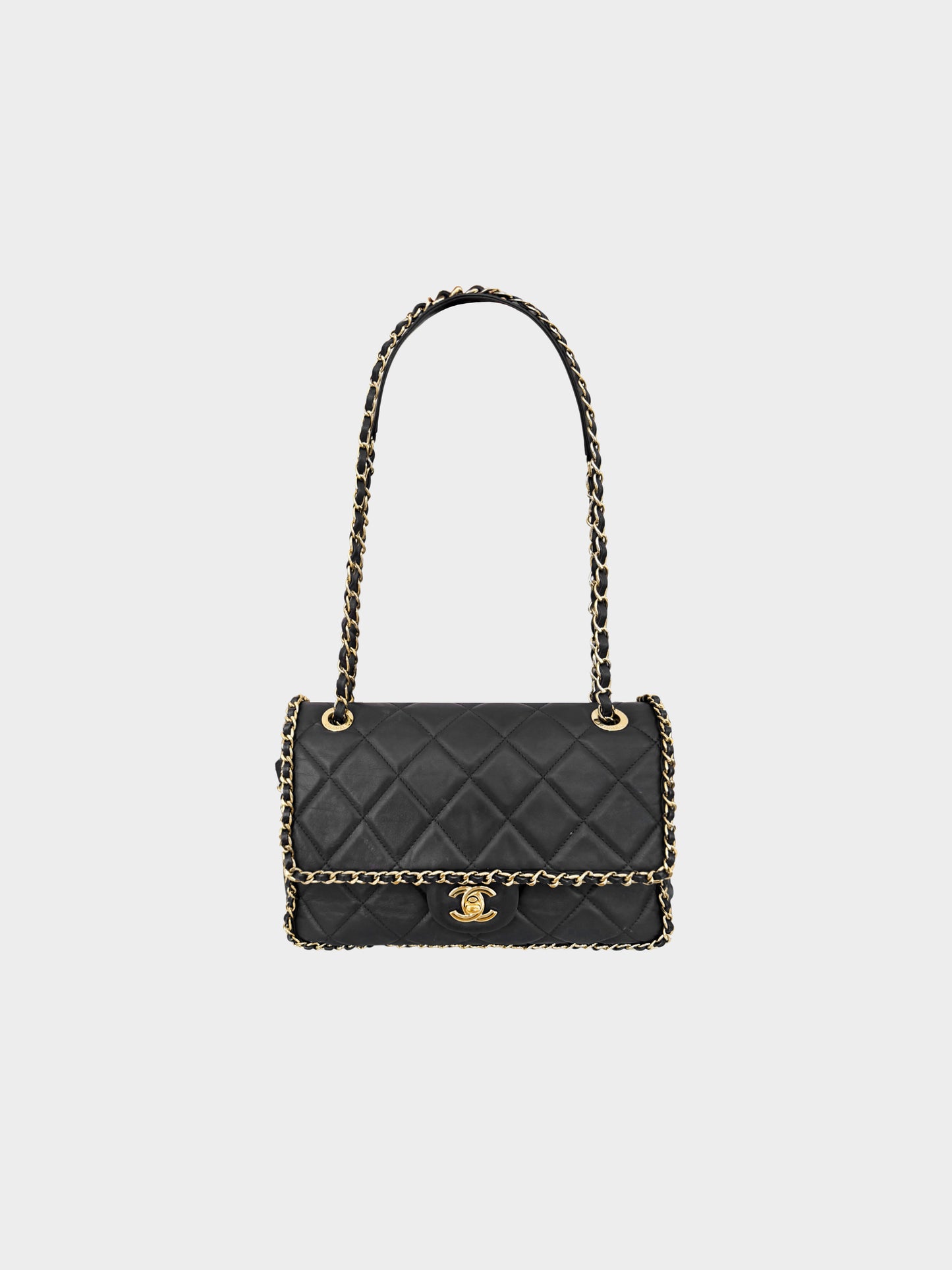 Chanel 2020-2021 Black Leather Quilted Chain Around Flap Bag