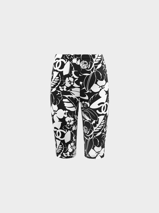 Chanel 2010s Black and White Floral CC Logo Print Cycle Shorts