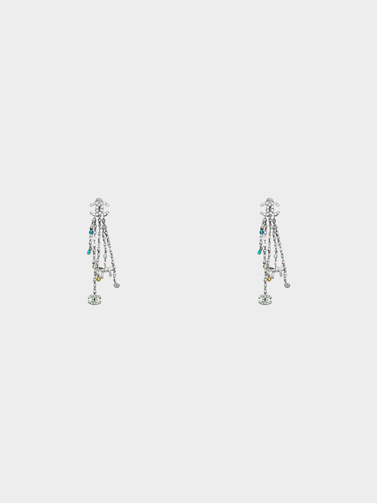 Chanel 2007 Silver CC Rhinestone and Beads-embellished CC Clip-on Drop Earrings