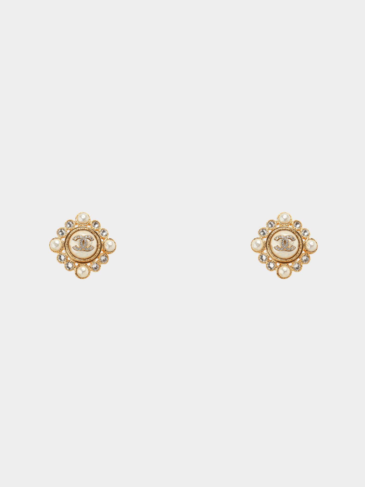 Chanel 2000s Gold-Tone Crystal and Pearl Rhinestones Squared Halo Stud Earrings
