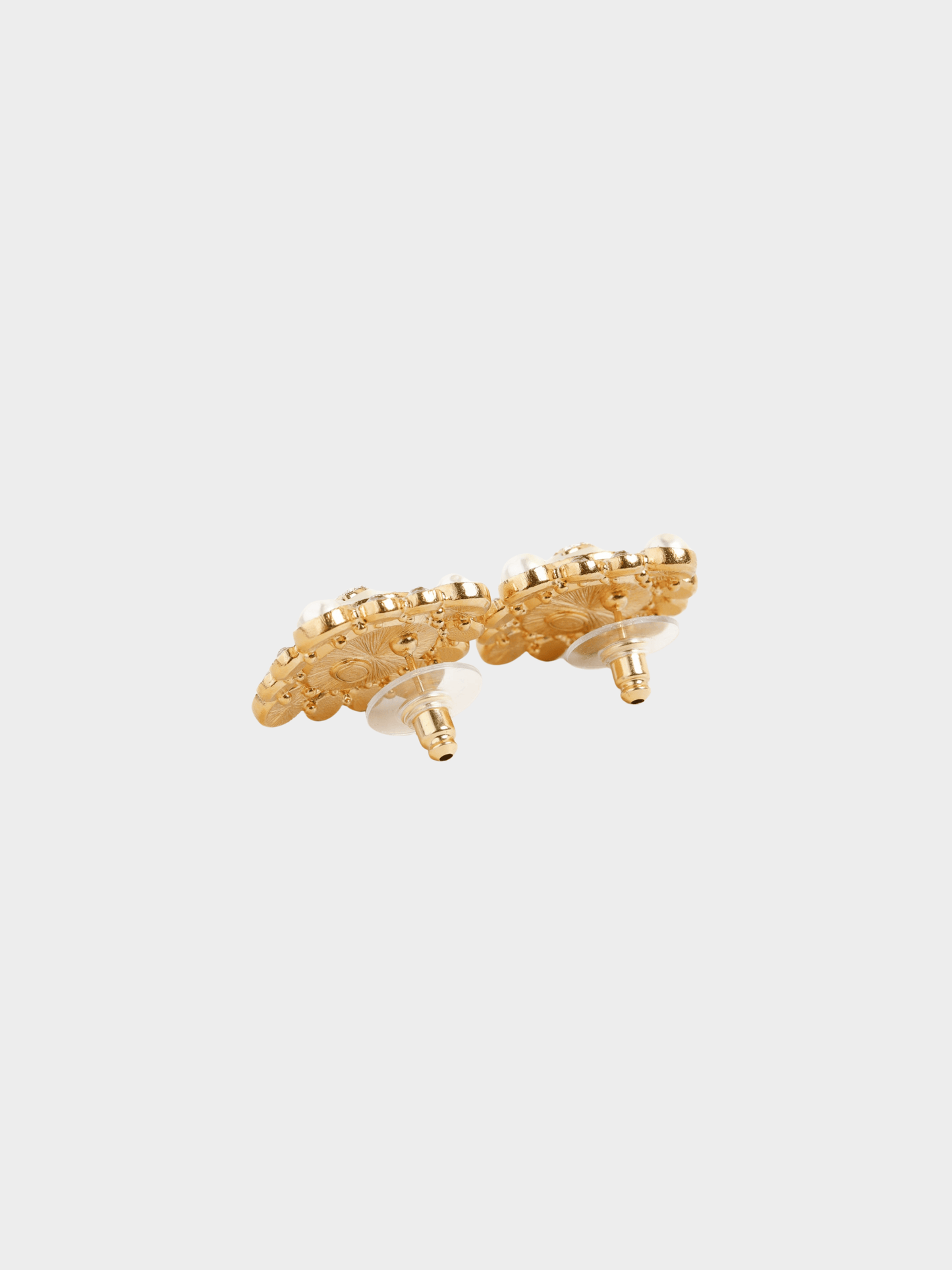 Chanel 2000s Gold-Tone Crystal and Pearl Rhinestones Squared Halo Stud Earrings