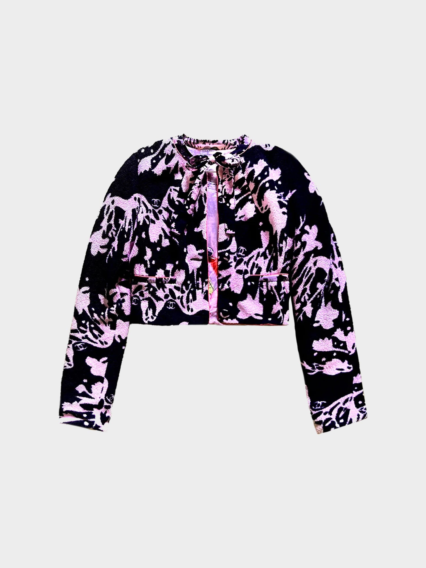 Chanel SS 2005 Karl Lagerfeld Rare Black and Pink Floral Bikini and Terrycloth Cropped Blazer Set