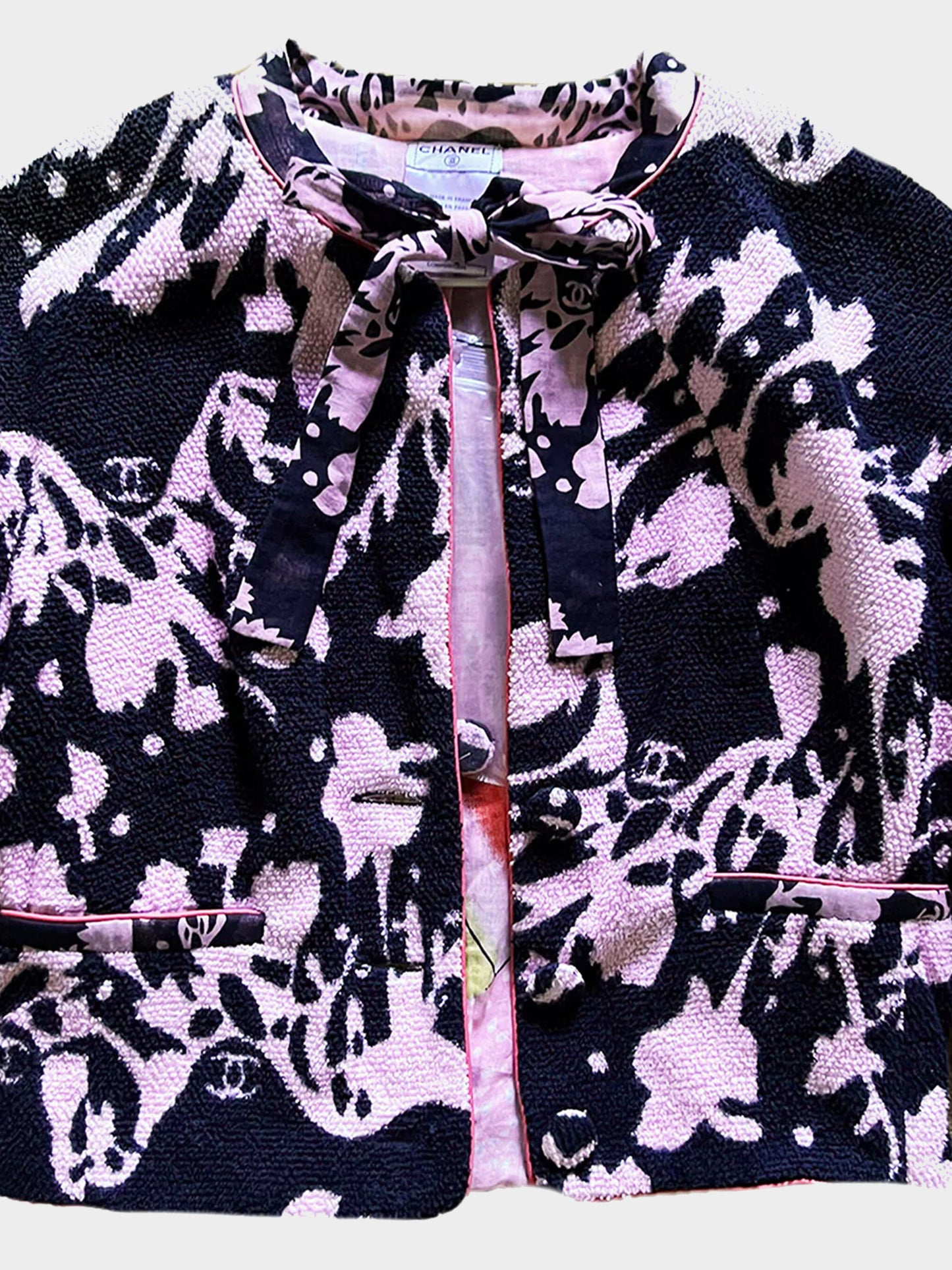 Chanel SS 2005 Karl Lagerfeld Rare Black and Pink Floral Bikini and Terrycloth Cropped Blazer Set