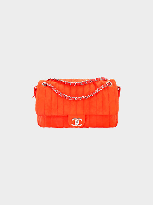 Chanel 2012 Orange Nylon Vertical Quilt Jumbo Flap Bag
