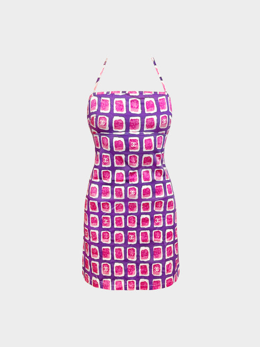 Chanel by Karl Lagerfeld SS 2001 Pink and Purple Watercolor Grid Pattern Halter Dress