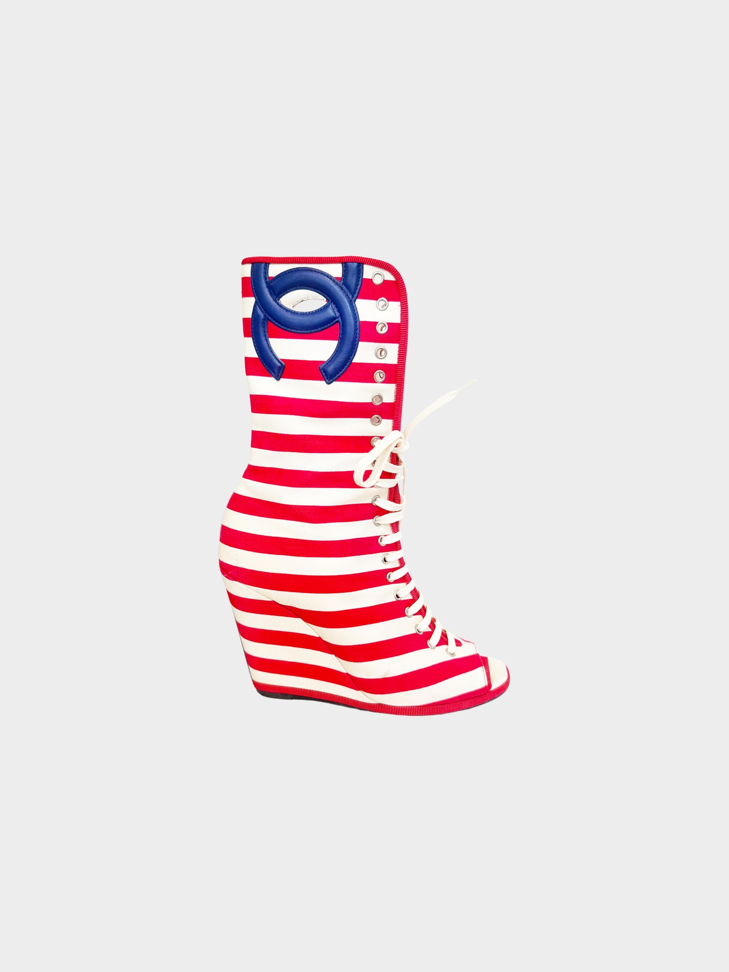 Chanel Cruise 2010 Runway Red and White CC Sailor Lace-up Wedge Boots