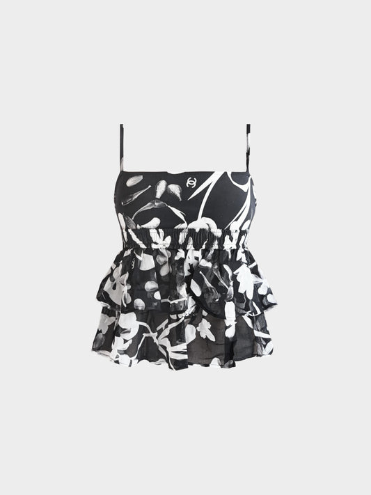 Chanel SS 2004 Camellia Floral Print Frill Cami Top