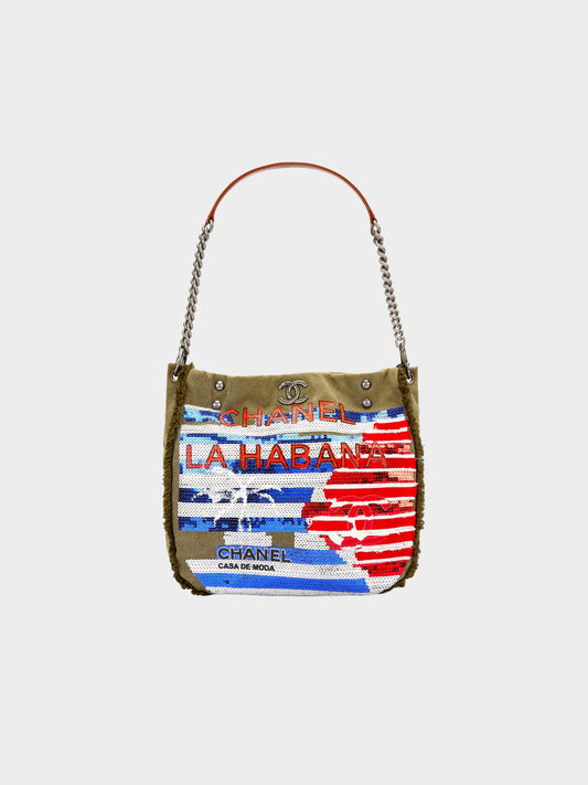 Chanel Cruise 2016-2017 Limited-Edition Olive Green Canvas and Sequin Cuba La Habana Hobo Bag