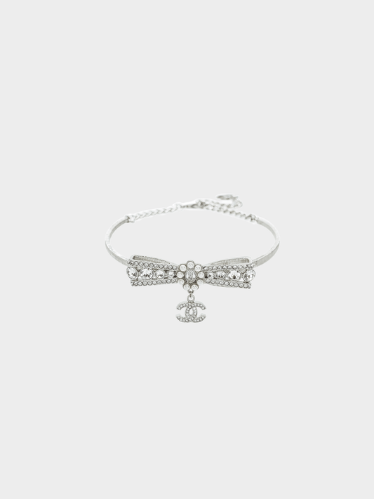 Chanel 2000s Silver Crystal Bow CC Pendant