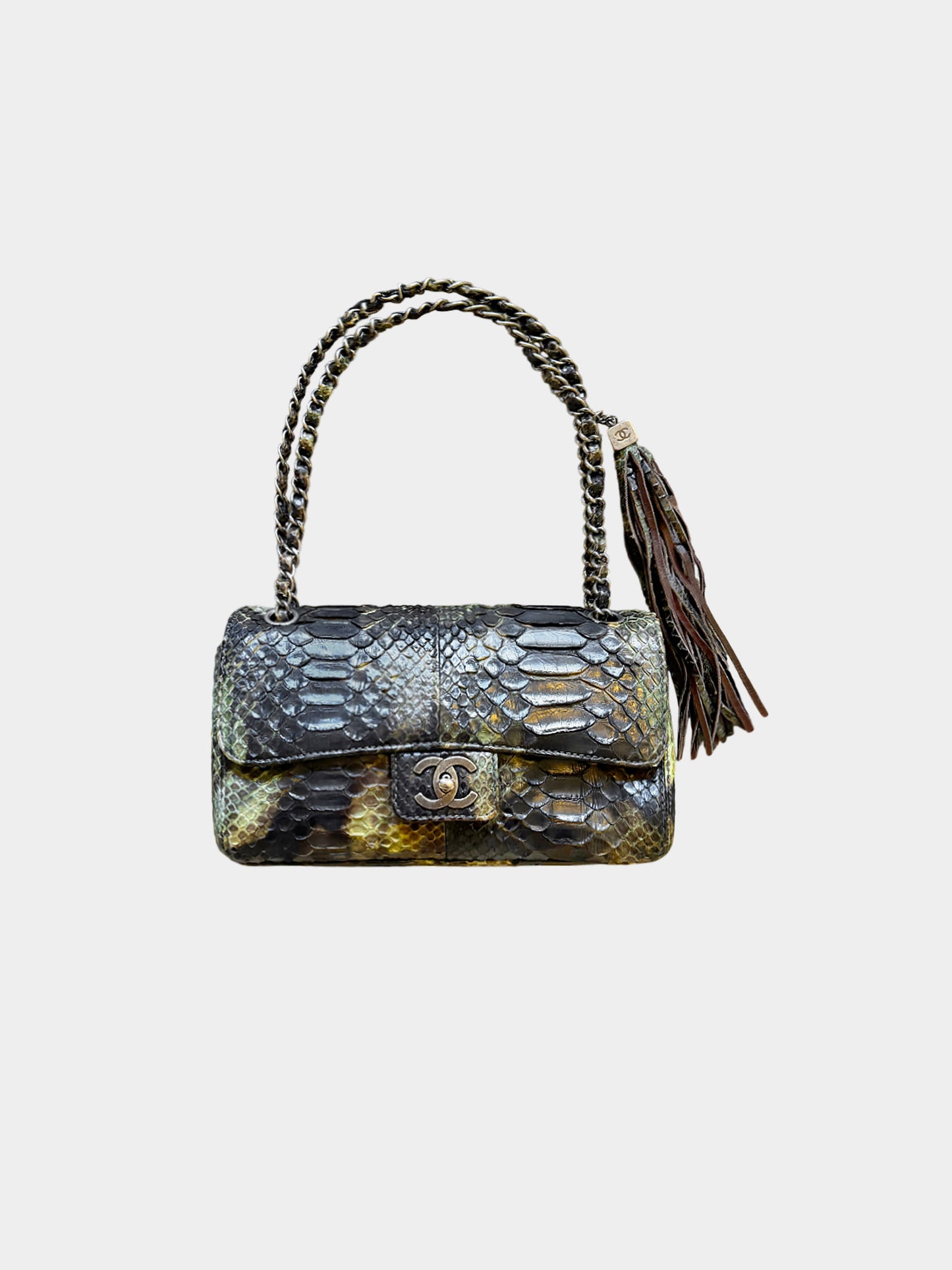 Chanel 2005-2006 Khaki Python Leather Medium Classic Single Flap Bag