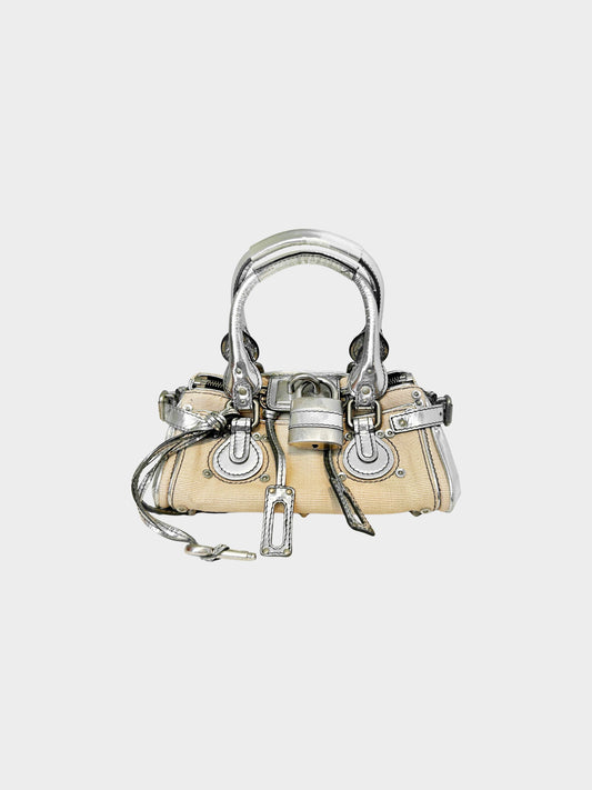 Chloe 2000s Metallic Silver Leather and Beige Canvas Paddington Bag