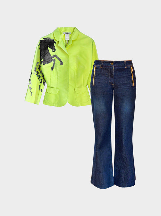 Chloé SS 2001 Runway Neon Yellow Silk Jacket and Denim Pants Horse Motif Set