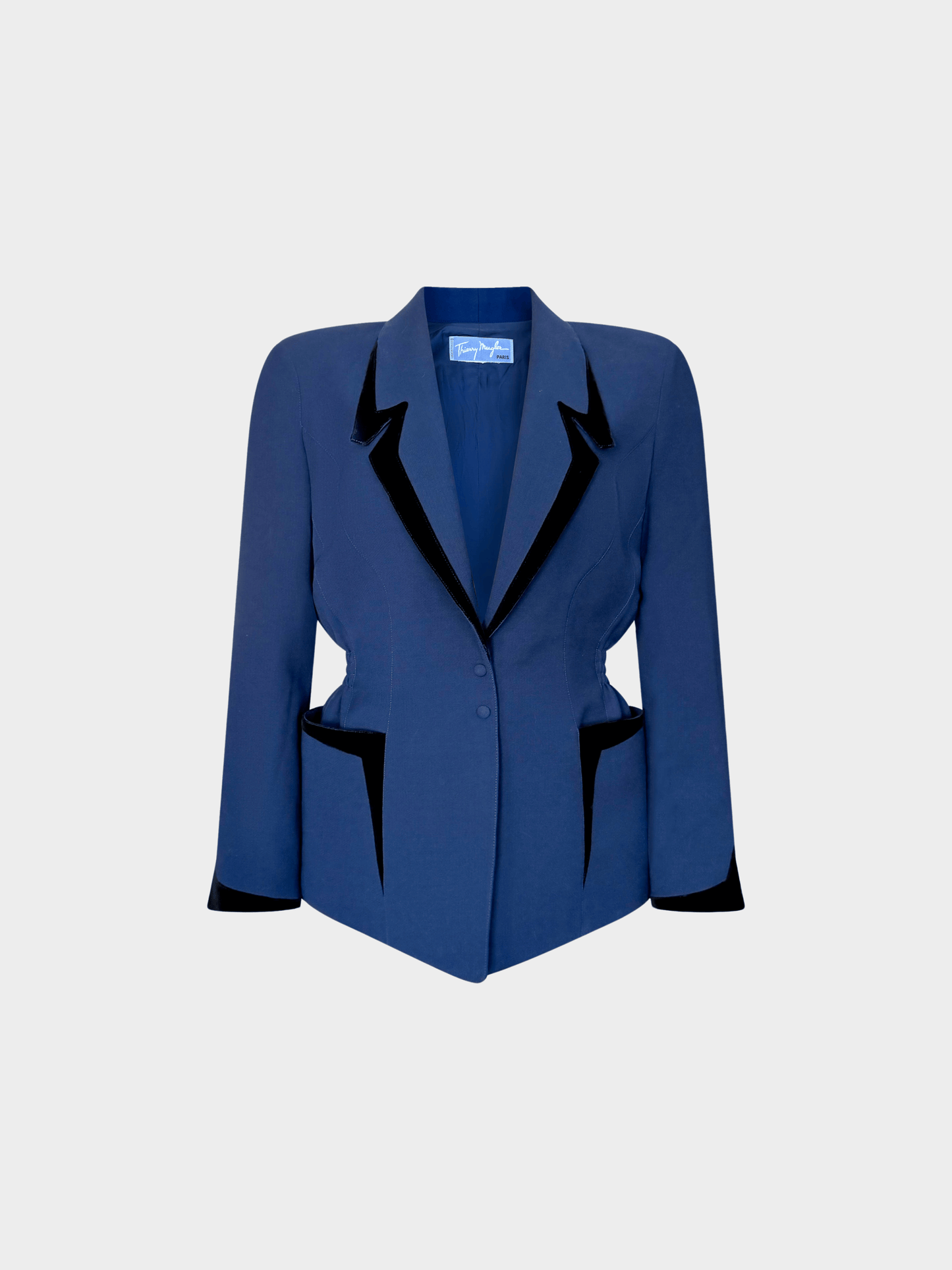 Thierry Mugler FW 1992 Cobalt Blue Velvet Trim Tailored Jacket