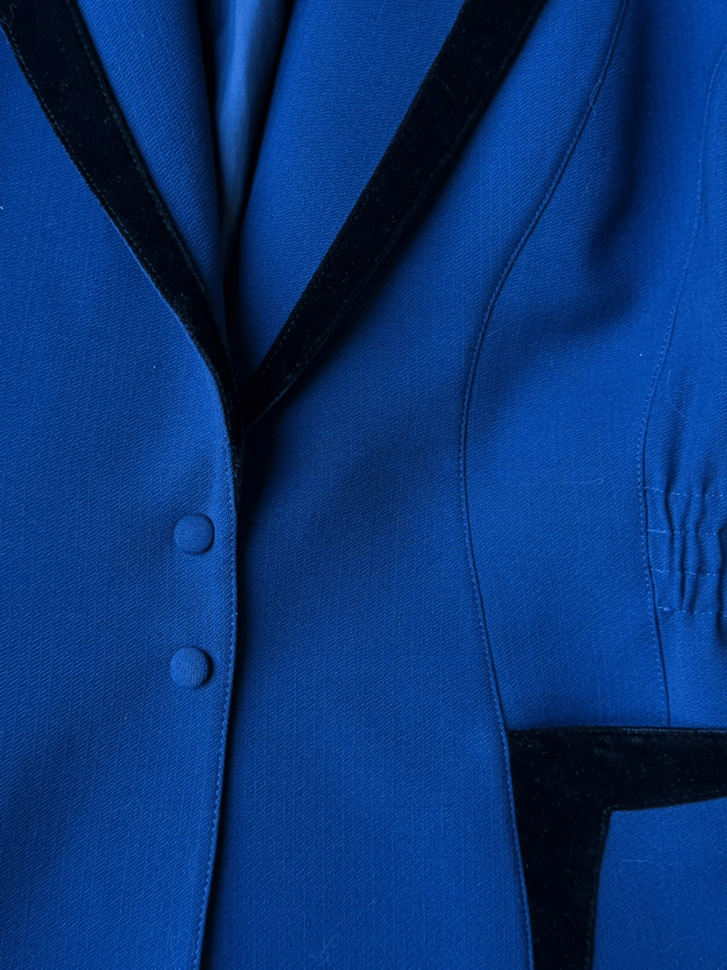 Thierry Mugler FW 1992 Cobalt Blue Velvet Trim Tailored Jacket