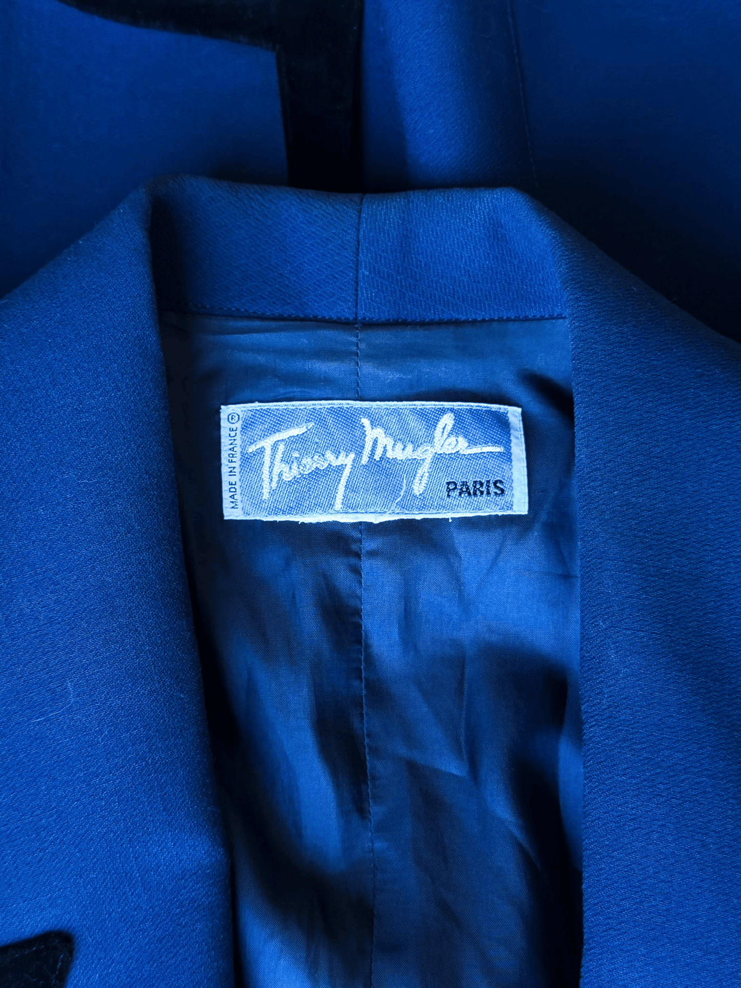 Thierry Mugler FW 1992 Cobalt Blue Velvet Trim Tailored Jacket
