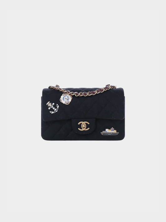 Chanel 2018 Black Felt Quilted Paris-Hamburg Charms Mini Rectangular Flap Bag