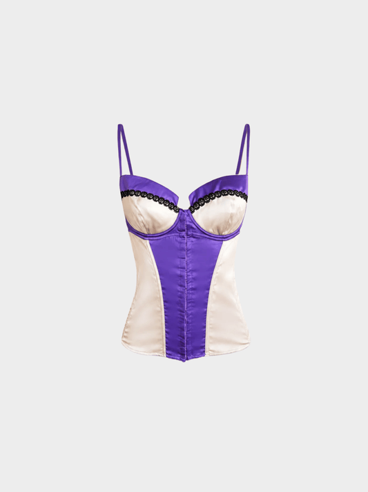Dolce and Gabbana 2000s Silk Purple Silver Metallic Lace Bustier