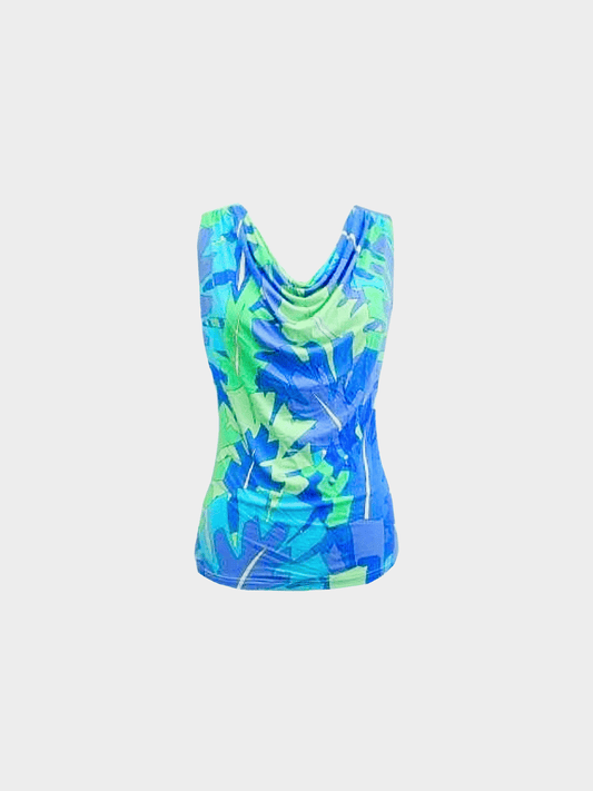 Emilio Pucci SS 2007 Blue and Green Leaf Print Cowl Neck Top