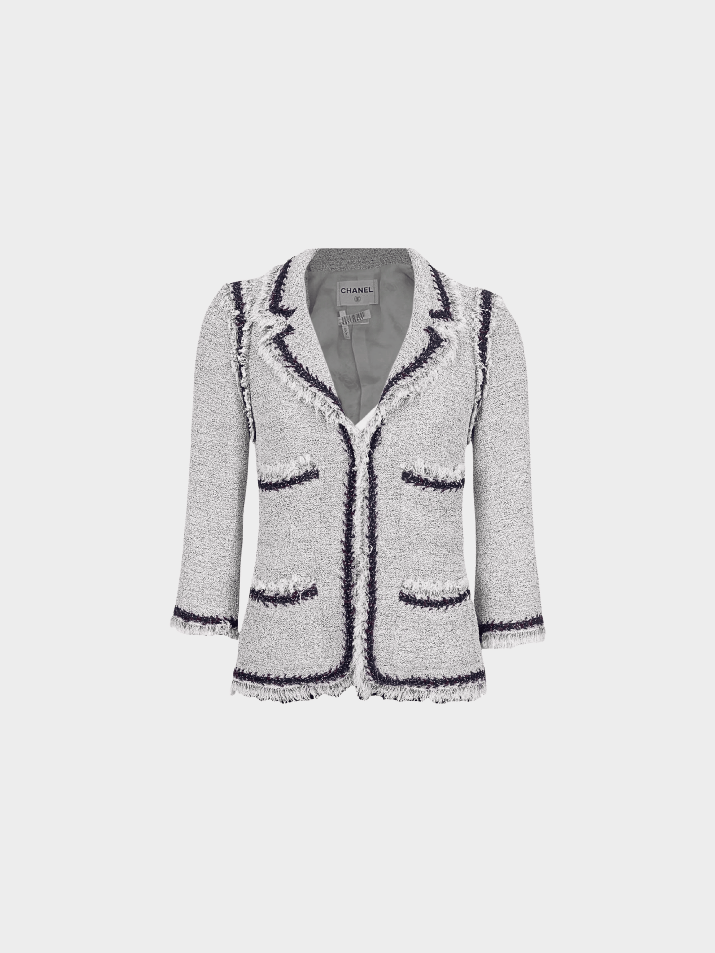 Chanel 2008 Light Grey Tweed and Contrast Navy and Red Tweed Trim Jacket
