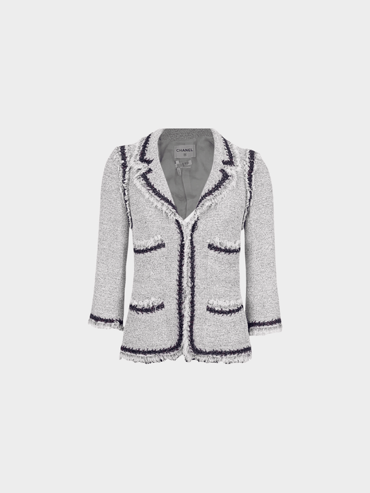 Chanel 2008 Light Grey Tweed and Contrast Navy and Red Tweed Trim Jacket