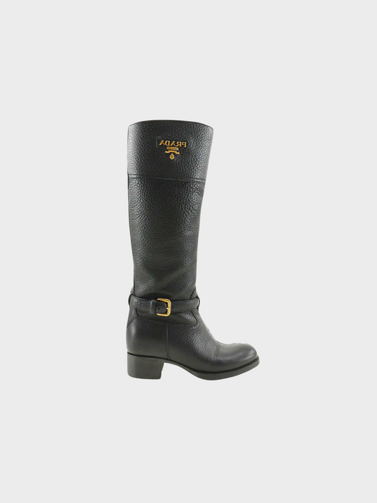 Prada 2010s Black Leather Buckle Logo High Boots