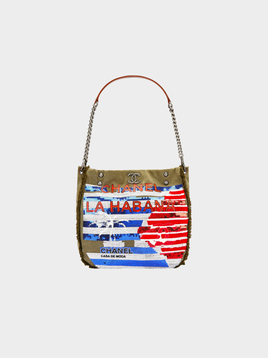 Chanel Cruise 2016-2017 Limited-Edition Olive Green Canvas and Sequin Cuba La Habana Hobo Bag