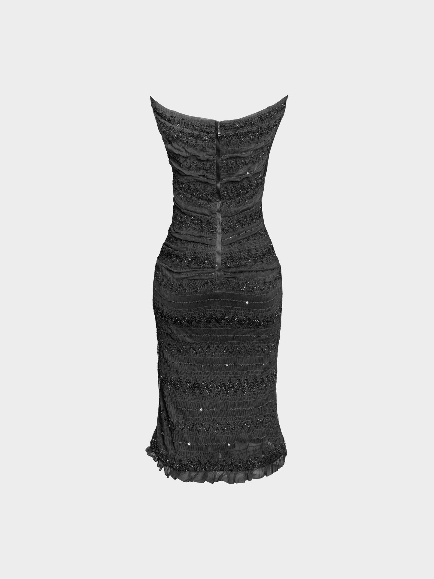 Dolce and Gabbana 2010s Black Tiered Mesh Sequin Strapless Dress