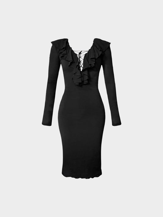 Dolce and Gabbana 1990s Black Ruffled and Lace-up Long Sleeve Silk Midi Dress