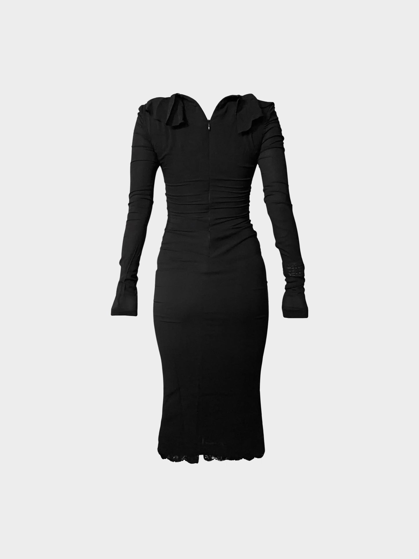 Dolce and Gabbana 1990s Black Ruffled and Lace-up Long Sleeve Silk Midi Dress