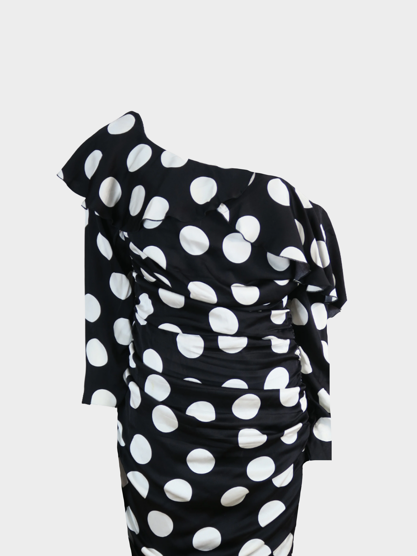 Dolce and Gabbana SS 2019 Black Silk Long Sleeved White Polka dot Midi Dress