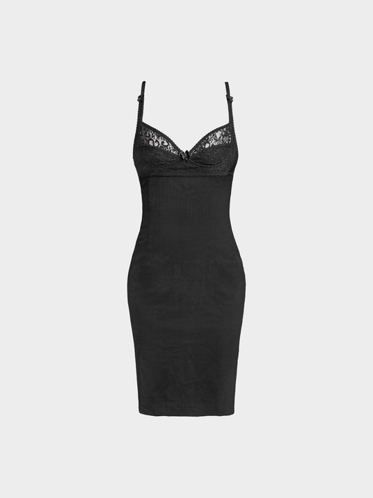Dolce and Gabbana 2000s Black Pinstripe Lace-trimmed Dress