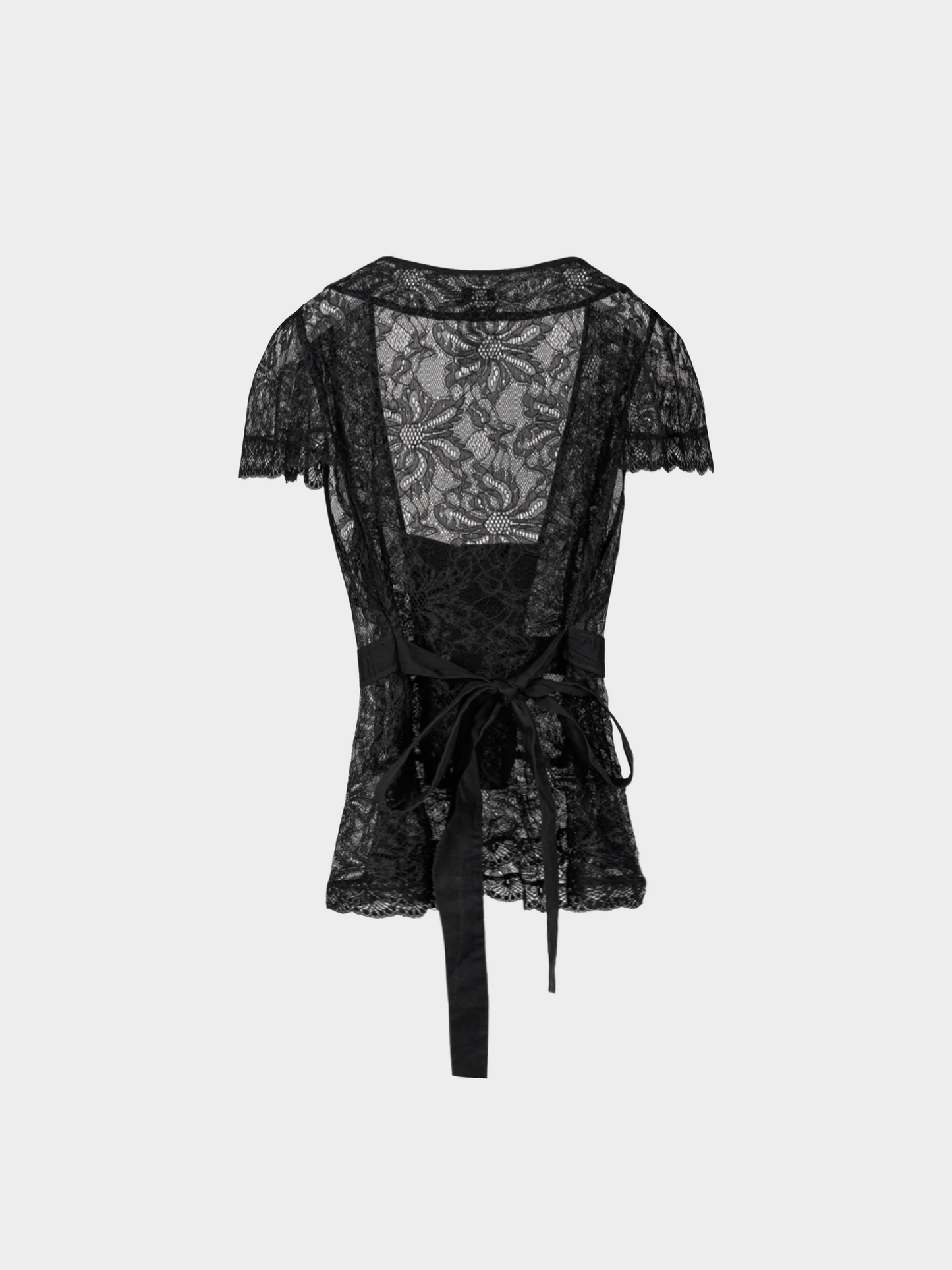 Dolce & Gabbana 2000s Black Lace Flutter-Sleeve Tie-Waist Blouse