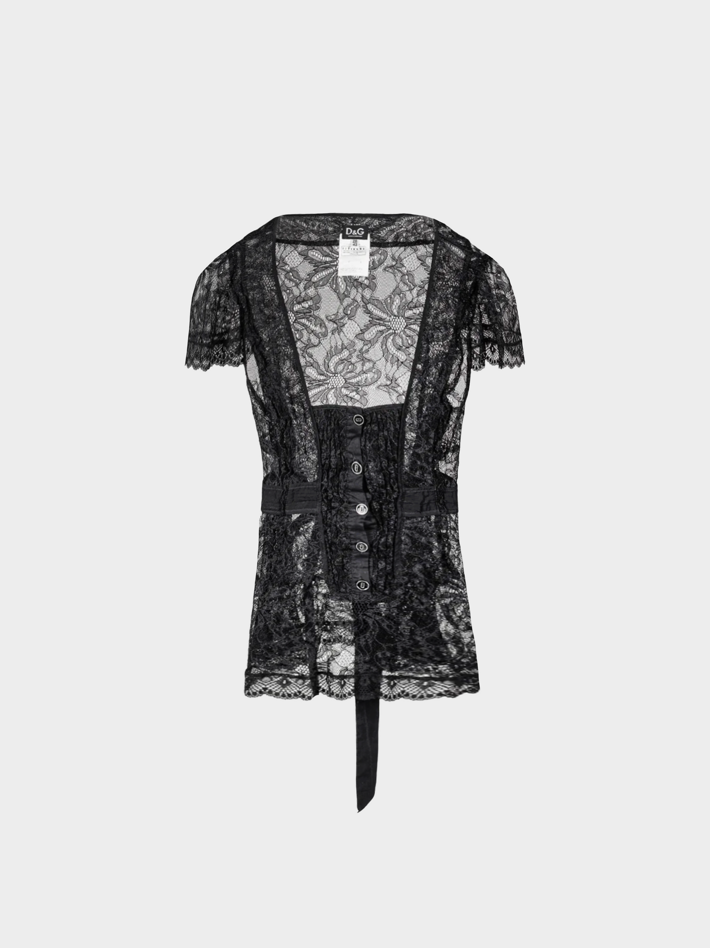 Dolce & Gabbana 2000s Black Lace Flutter-Sleeve Tie-Waist Blouse