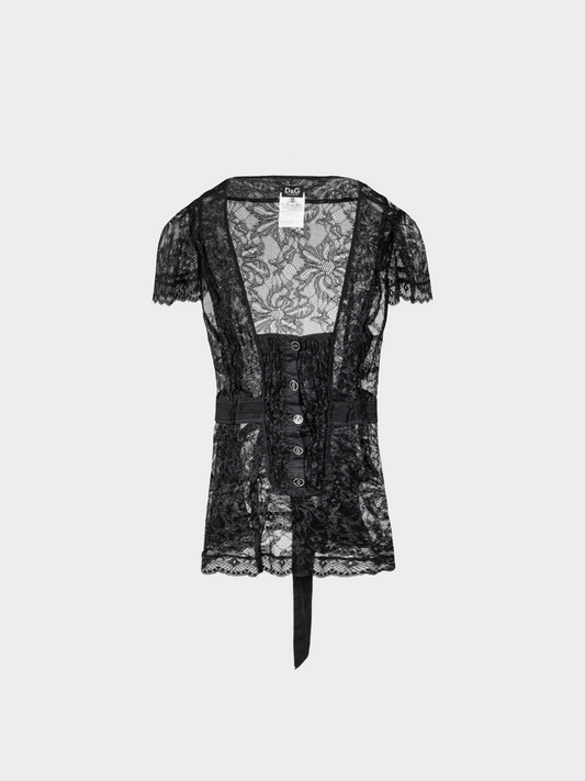 Dolce & Gabbana 2000s Black Lace Flutter-Sleeve Tie-Waist Blouse