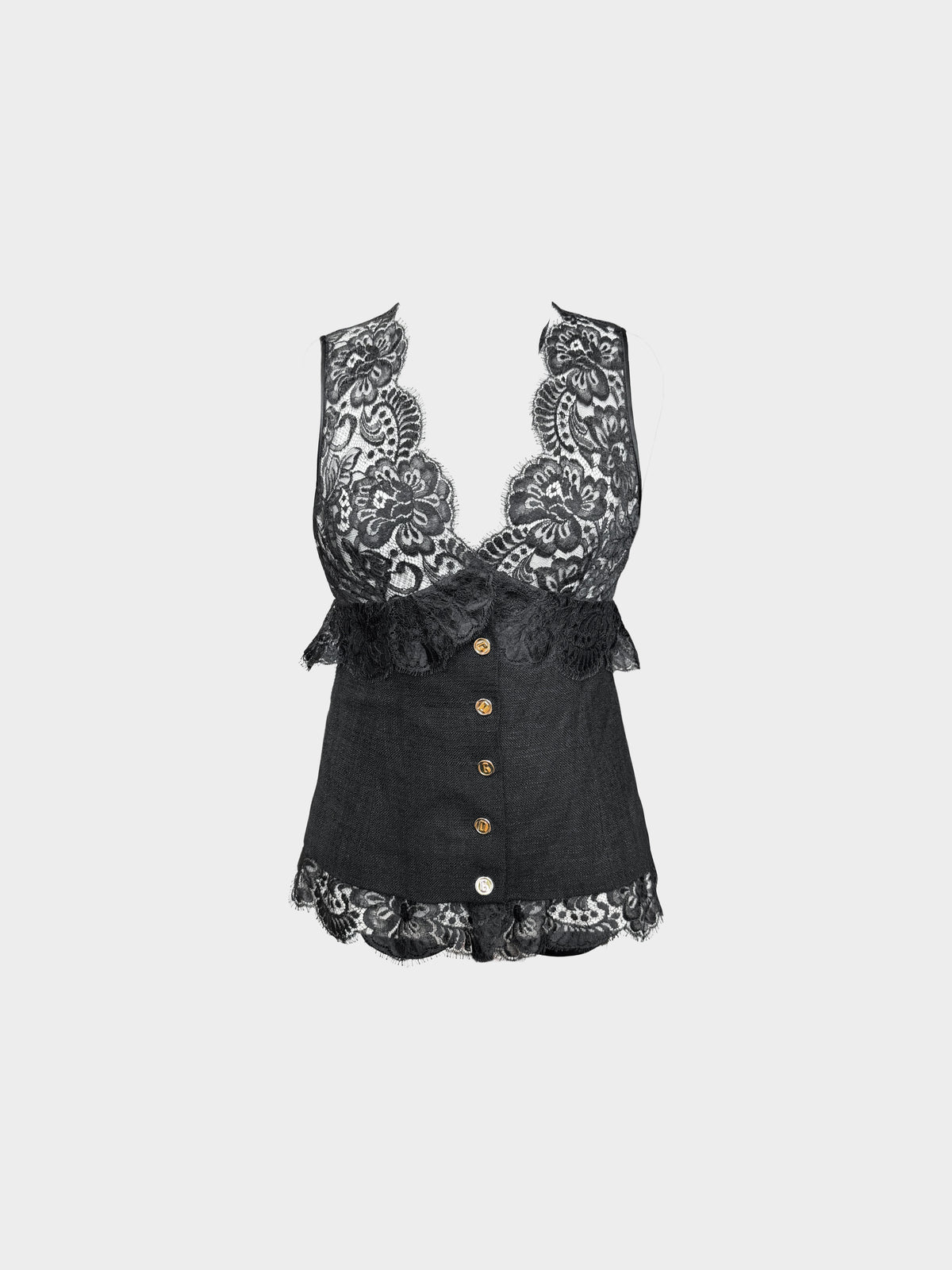 Dolce and Gabbana 2000s Black Lace Trim Button-down Vest Top