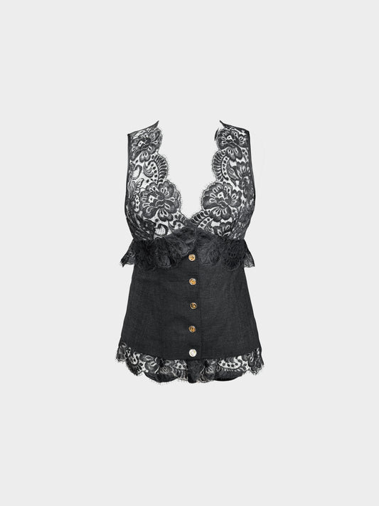 Dolce and Gabbana 2000s Black Lace Trim Button-down Vest Top