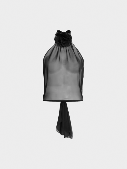 Dolce and Gabbana 2010s Black Rosette Silk Blend Chiffon Halter Top