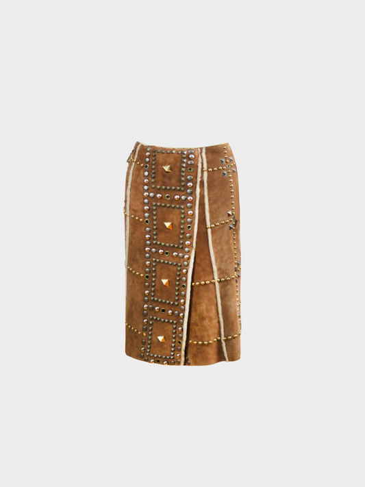 Dolce and Gabbana FW 2002 Brown Studded Sheepskin Midi Skirt