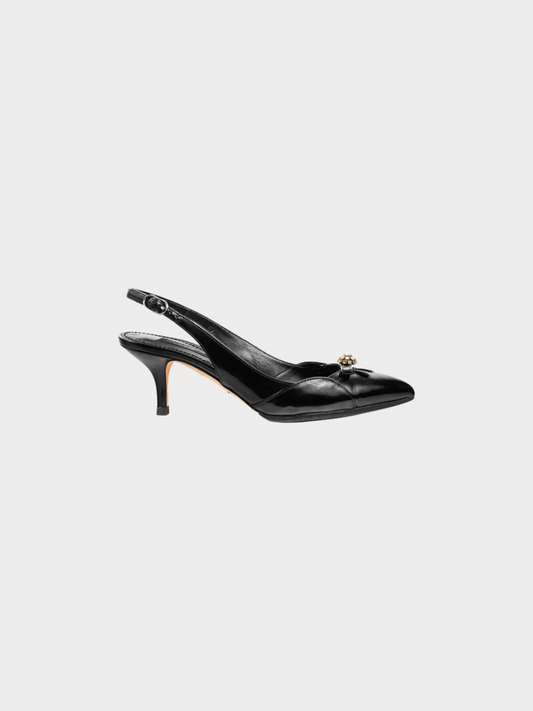 Dolce and Gabbana 2010s Black Patent-Leather Embellished Slingback Pointed-Toe Heels