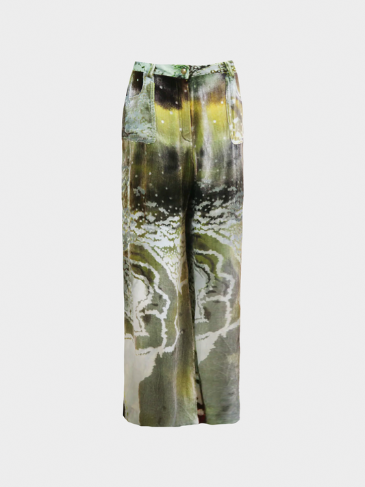 Christian Dior 2000s Green Silk Camouflage Pants