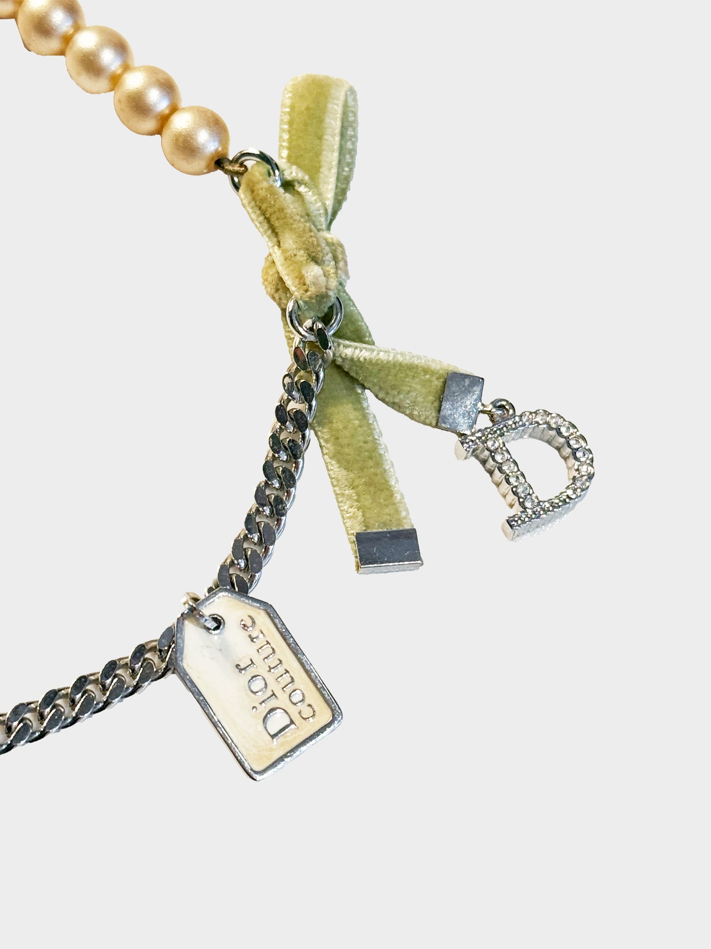 Christian Dior 2000s Velvel Bow, Pearls, and Chain Link D Logo Rhinestone Bracelet