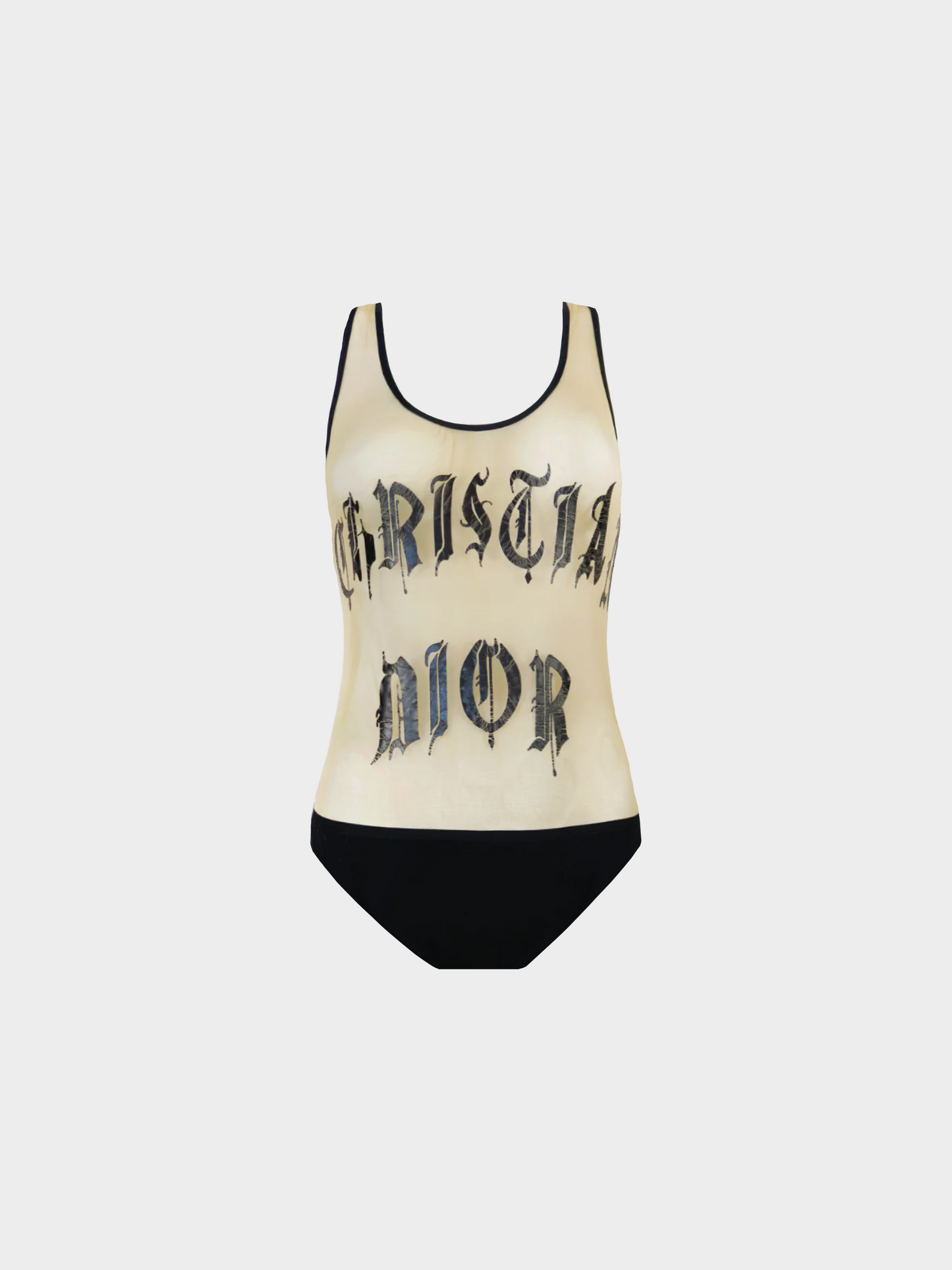 Christian Dior SS 2002 Nude and Black "Christian Dior" Printed Bodysuit