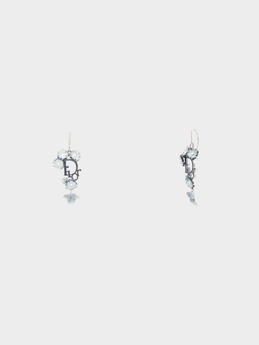 Christian Dior by John Galliano 2000s Blackened Silver Floral Lacquer Earrings