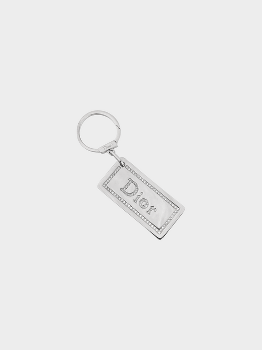 Christian Dior 2000s Silver-Tone Rhinestone Logo Plaque Keychain